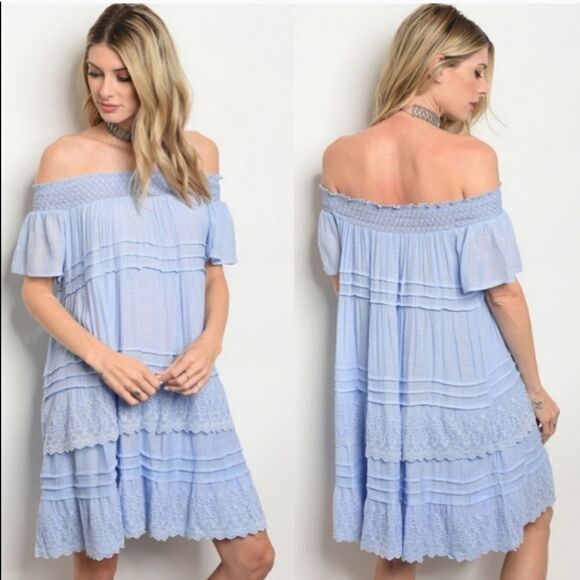 143rd Style Haus Dresses & Skirts - Ruffles and lace off the shoulder dress light blue